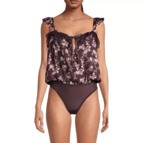 Free People Floral Ruffle Bodysuit in Brown & Cream - Medium - Picture 1 of 1